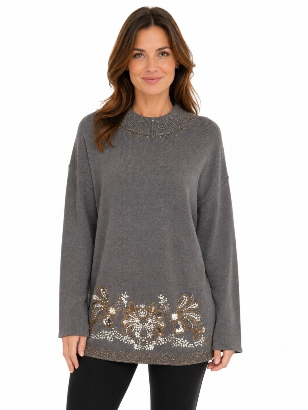 Vintage PK Eliott Black Brown Embroidered Tunic Sweater Women's L Long Sleeve